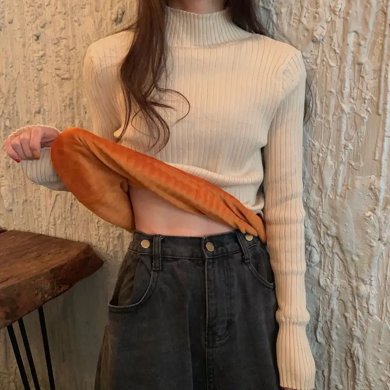 

Woman Sweaters Femme Chandails Winter Clothes Velvet Padded Sweater Knitwear Women's Thickened Turtleneck Top Clothes Pull Hiver