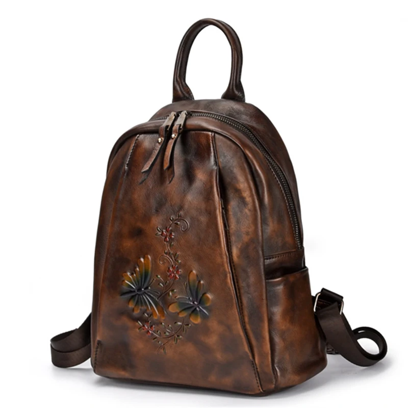 Genuine Leather Women Backpack Cowhide Female Girl Travel Bag High Quality Vintage Coffee Red Black Flower Pattern M80055