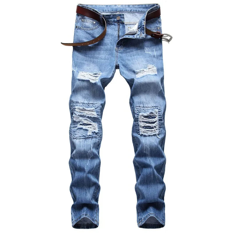 

Ripped Jeans Men Vintage Clothing Hip hop Streetwear Distressed Casual Pleated High Quality Fashion Patch Hole Denim Pants