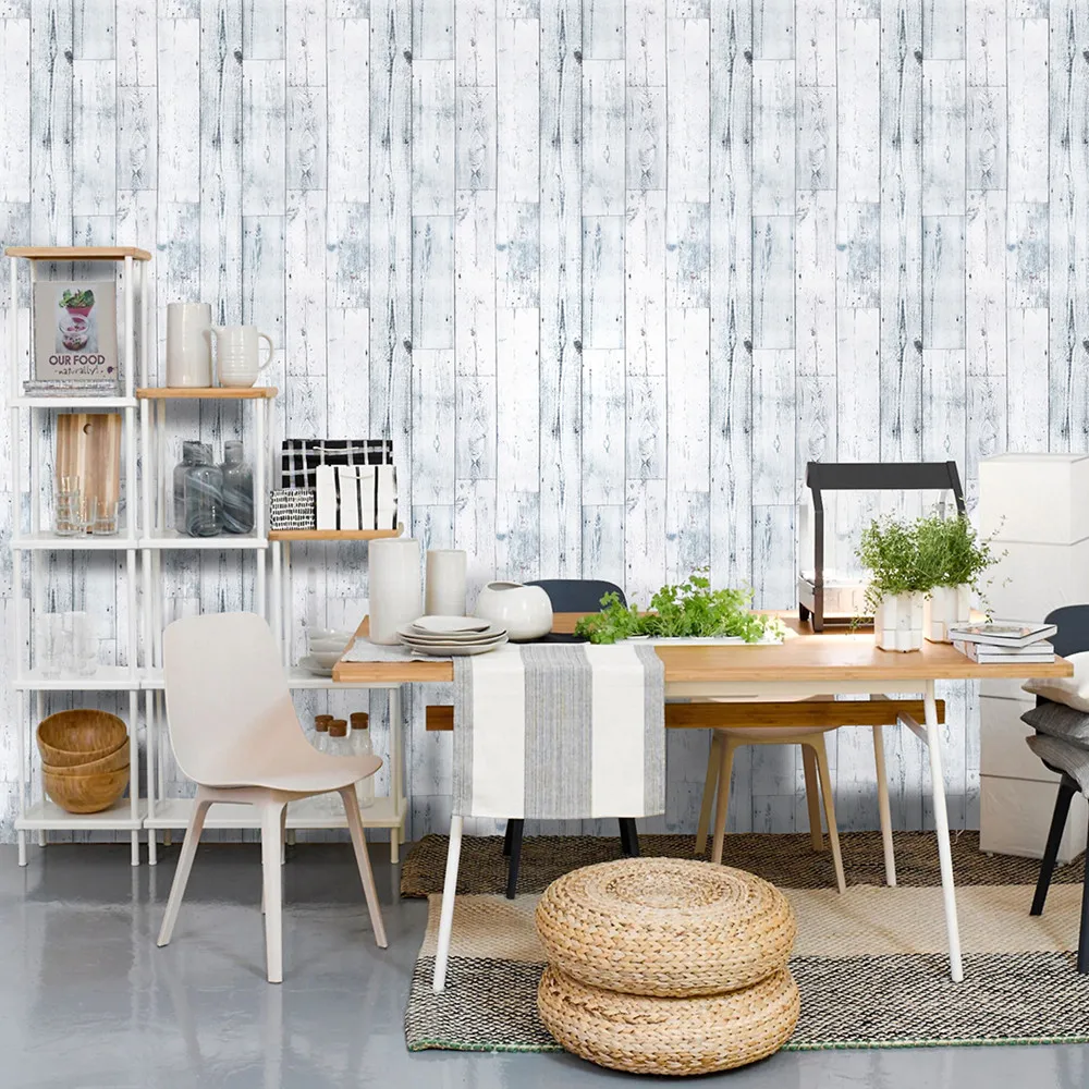 Self-Adhesive Wall Sticker Peel and Stick Wood Wallpaper Shiplap Light Grey/White/Blue Distressed Wood Plank Removable Wallpaper