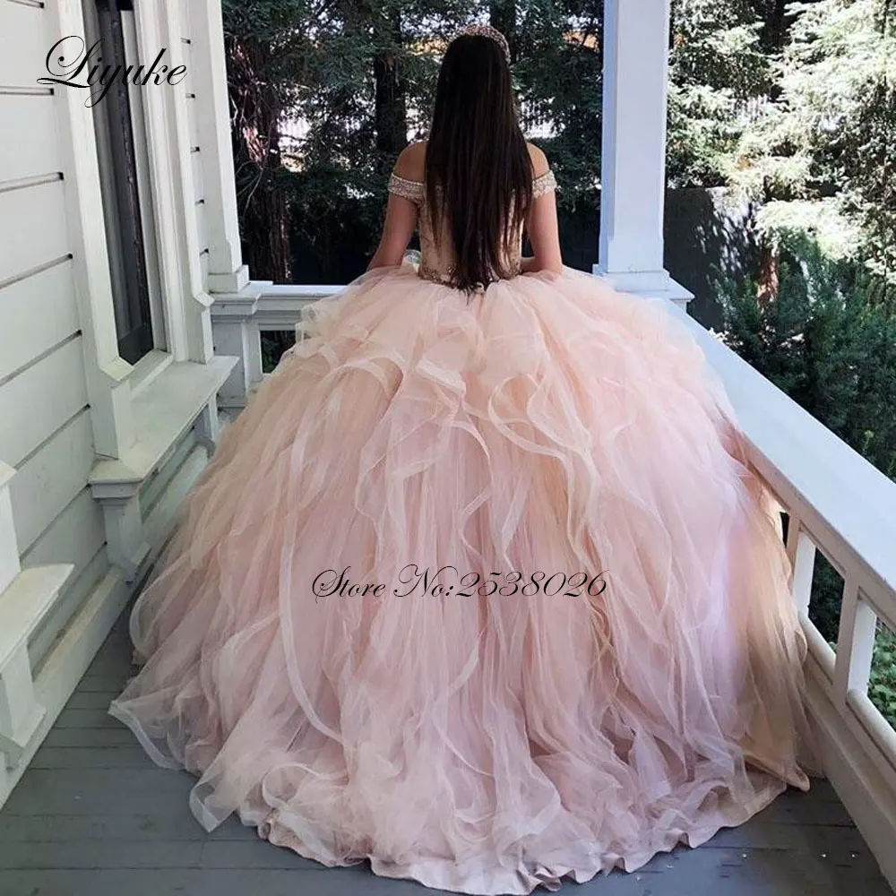 Liyuke New Arrival Flush Color Sweetheart Quinceanera Dress With Off The Shoulder Rhinestones Beads Lace Up Closure