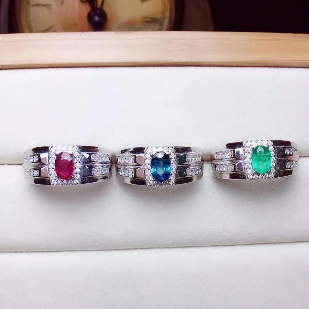 

Precious gem men's ring. Emerald ruby sapphire. All 925 sterling silver