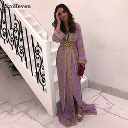 Smileven Lavender Moroccan caftan Evening Dresse Long Sleevees Lace Muslim Special Occasion Dress Luxurious Crystal Party Gown