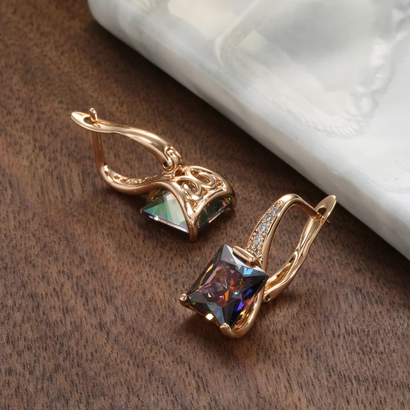 585 Rose Gold Red Green Gradient Zircon Earring for Women Square Cut Stone Rainbow CZ Fashion Party Jewelry Crystal Drop Earring