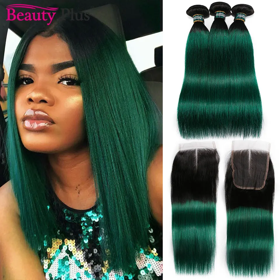 Teal Green Bundles With Closure Ombre Human Hair 3 Bundles With Closure Remy Brazilian Straight Hair Weave And 4x4 Lace Closures