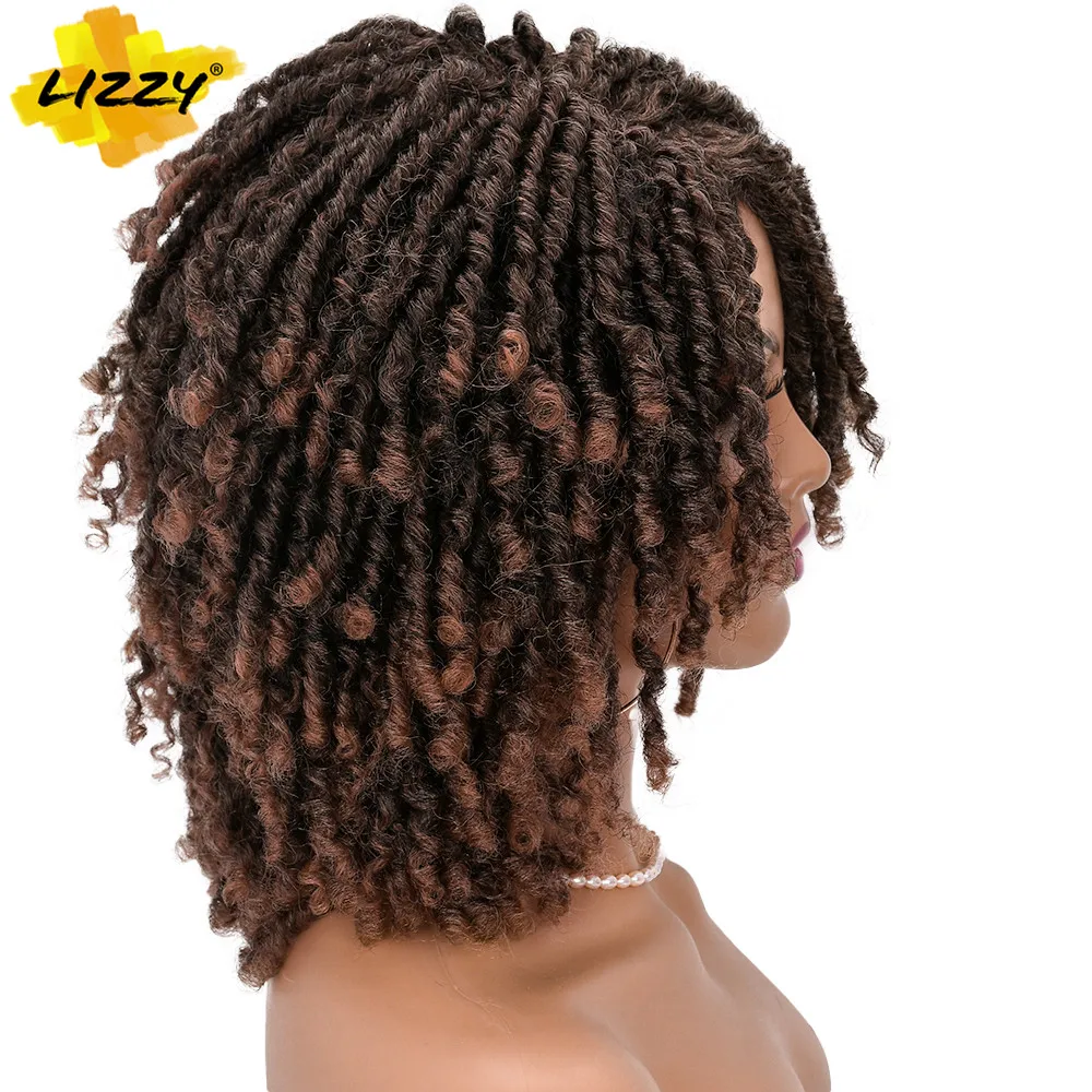 Krótkie włosy Dreadlock peruka kręcone syntetyczne miękkie Faux Locs peruki z grzywką dla czarnych kobiet Ombre szydełka Twist włosy plecione Lizzy