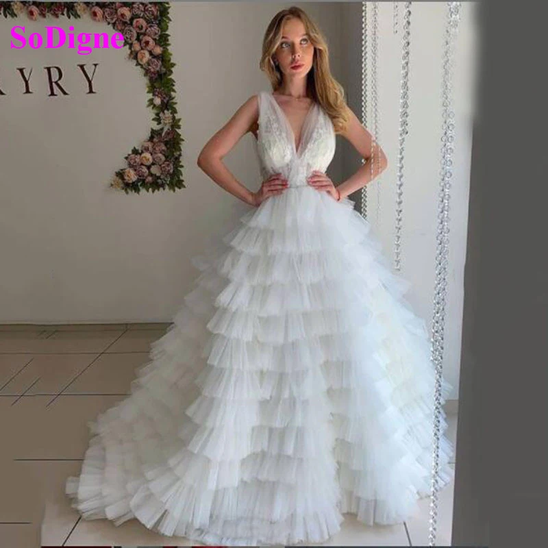 

SoDigne White Tulle Tiered Evening Dress 2021 Sexy V Neck Ruffles Formal Prom Gown Celebrity Pageant Long Dress Custom Made