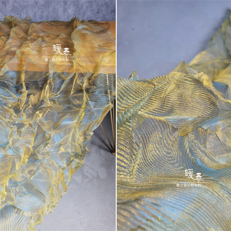 

Transparent Pleated Tulle Fabric Leaf-Shaped Folds Blue Gold Gradient DIY Background Decor Skirts Dress Clothes Designer Fabric