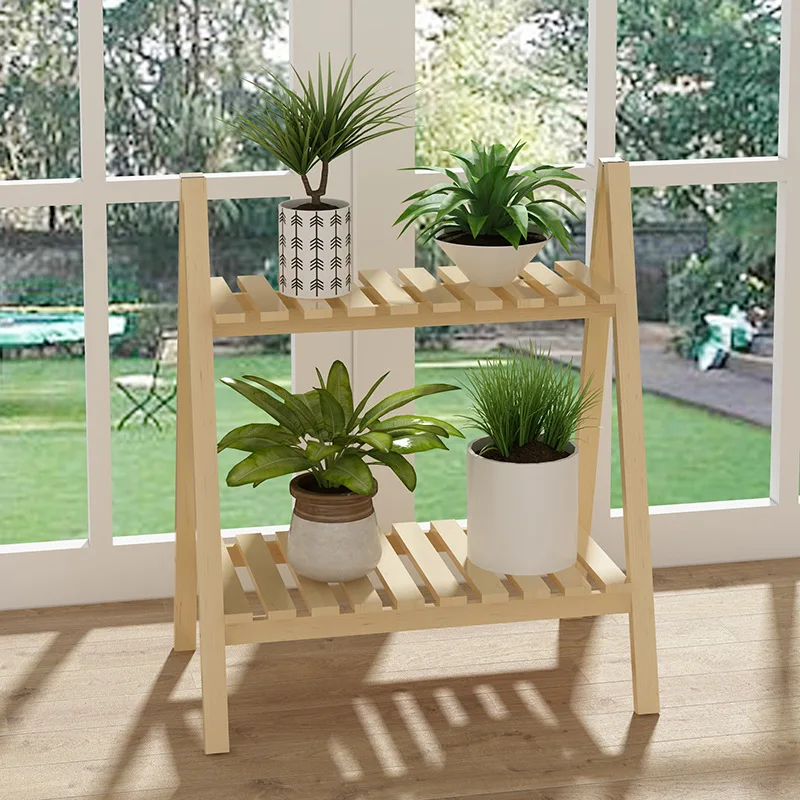 Floor Type 2-Tier Storage Rack Wooden Ladder Shelf Bookcase Foldable Multifunctional Plant Flower Display Stand Plant Stand