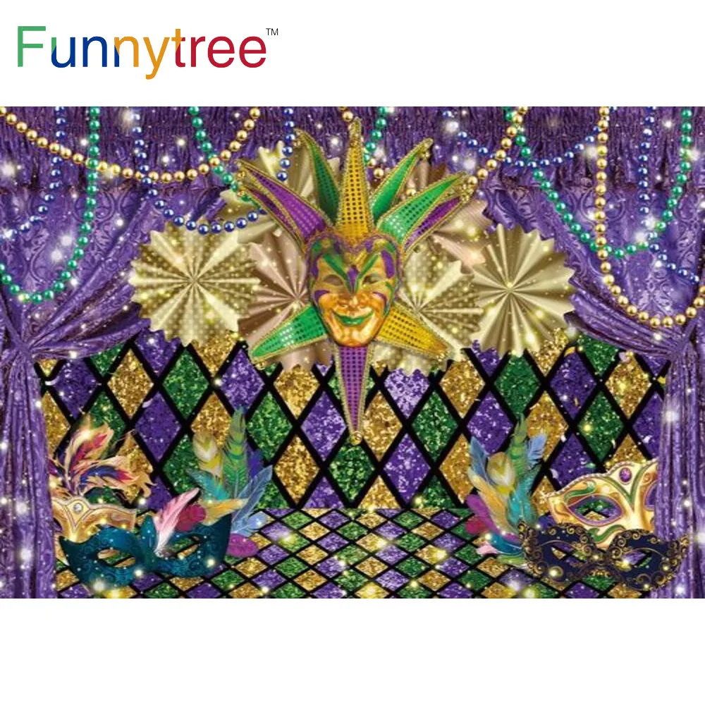 Funnytree Mardi Gras Party Backdrop Mysterious Purple Gold Glitter Carnival Masquerade Photography Custom  Decor Background Prop