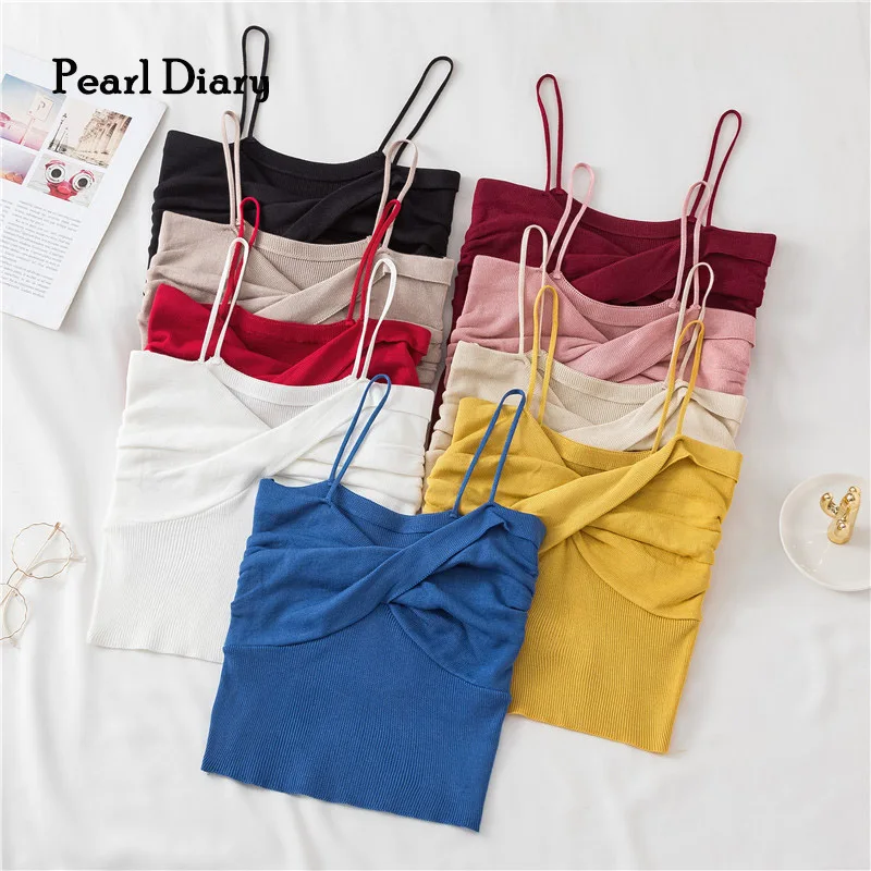 Pearl Diary Women Knitting Camisole Spaghetti Strap French Chic Wrap Front Sweet Crop Tops Backless Ladies Solid Sexy Knit Top