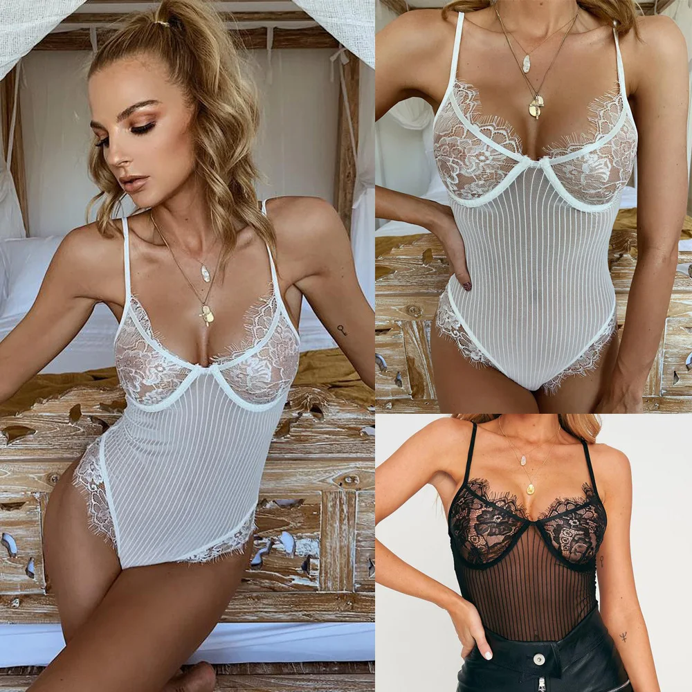 

Sexy Hollow Lingerie Bodysuit Women Bra Set Lace Perspective Deep V Hot Erotic Underwear One Piece Halter Open Sexy Lingerie Set