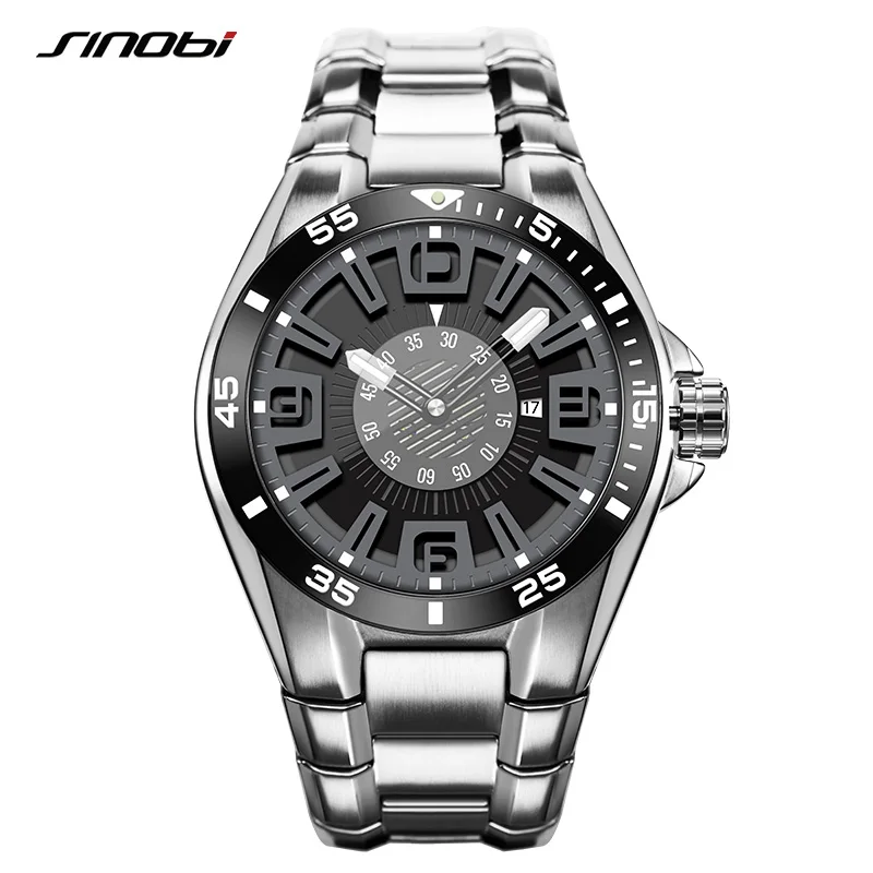 SINOBI Brand Sports Men\'s Watches 44mm Dial Luminous Calendar Waterproof Luxury Stainless Steel Strap Men\'s Quartz Wristwatch