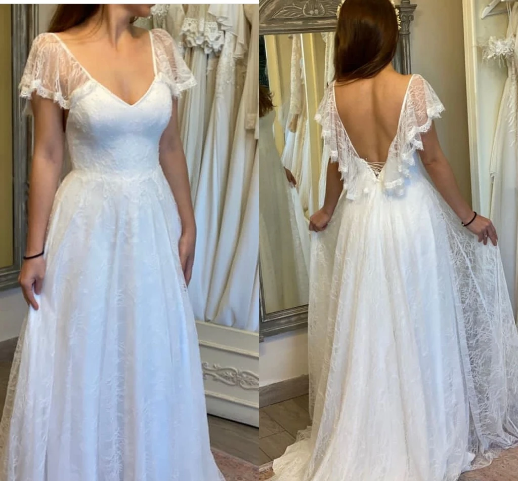 Vestido De novia De corte en A, bohemio, con cuello en V, encaje hasta el suelo, espalda baja, manga corta, encantador