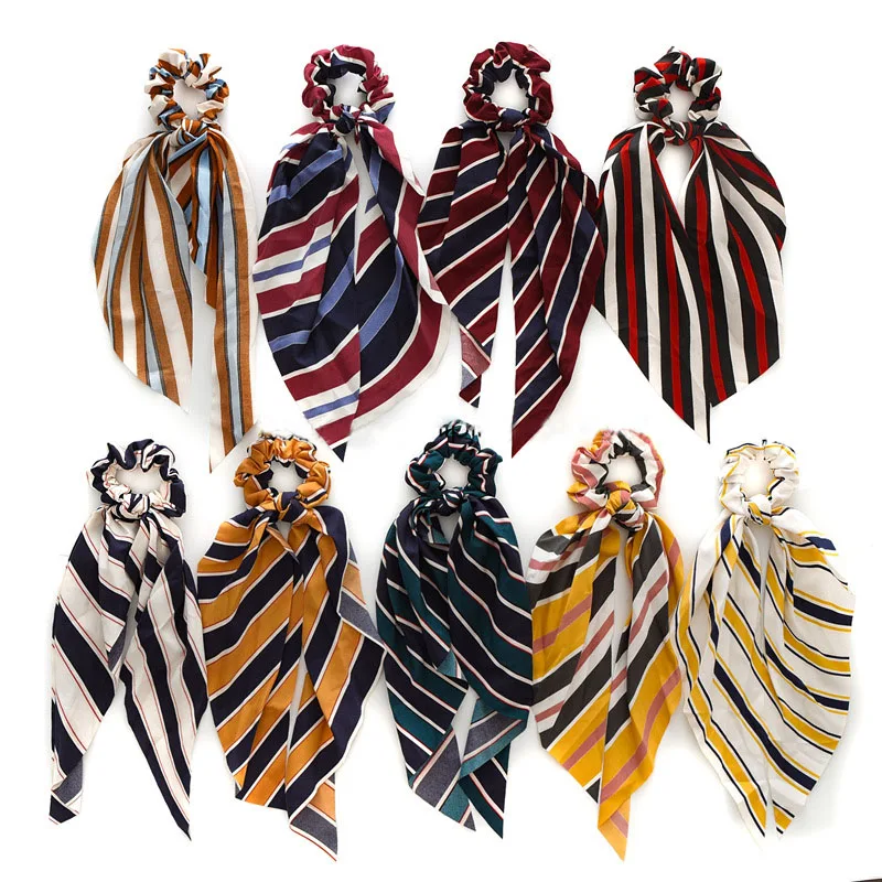 9PC/lot Printed Long Tie Streamers Scrunchies Hair Ponytail Holder Elastic Hairband wholesale