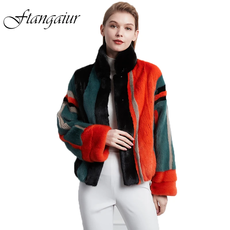 

Ftangaiur New Winter Import Velvet Mink Fur Coat Patchwork Contrast Color Mink Coat Women Short Natural Real Mink Fur Coats