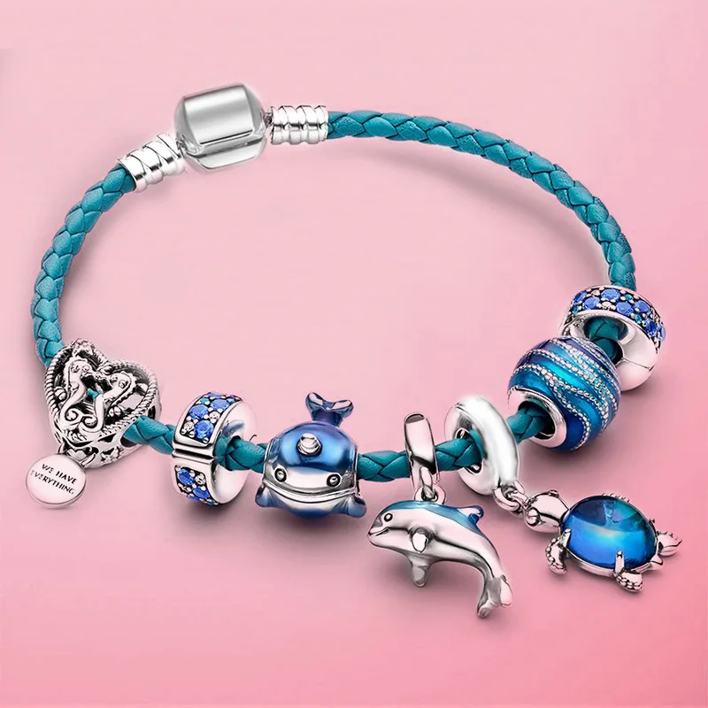 2021 new blue glittering narwhal charm dolphin turtle Pandora style beaded DIY men's and women's children's bracelet  gift