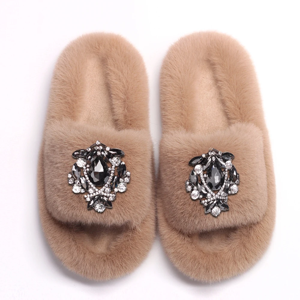 Lady Faux Fur Slides Slippers Drop Shape Alloy Rhinestone Crystal Winter Fur Sandals Flip Flops Crystal Flats Shoes for Women