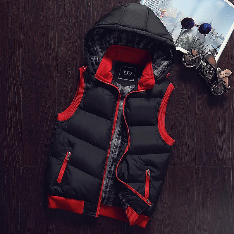 Brand Fashion Men Autumn Winter Vest Hat Detachable Design Male Casual Hooded Waistcoat Sleeveless Jacket 5 Colors Size M-5XL