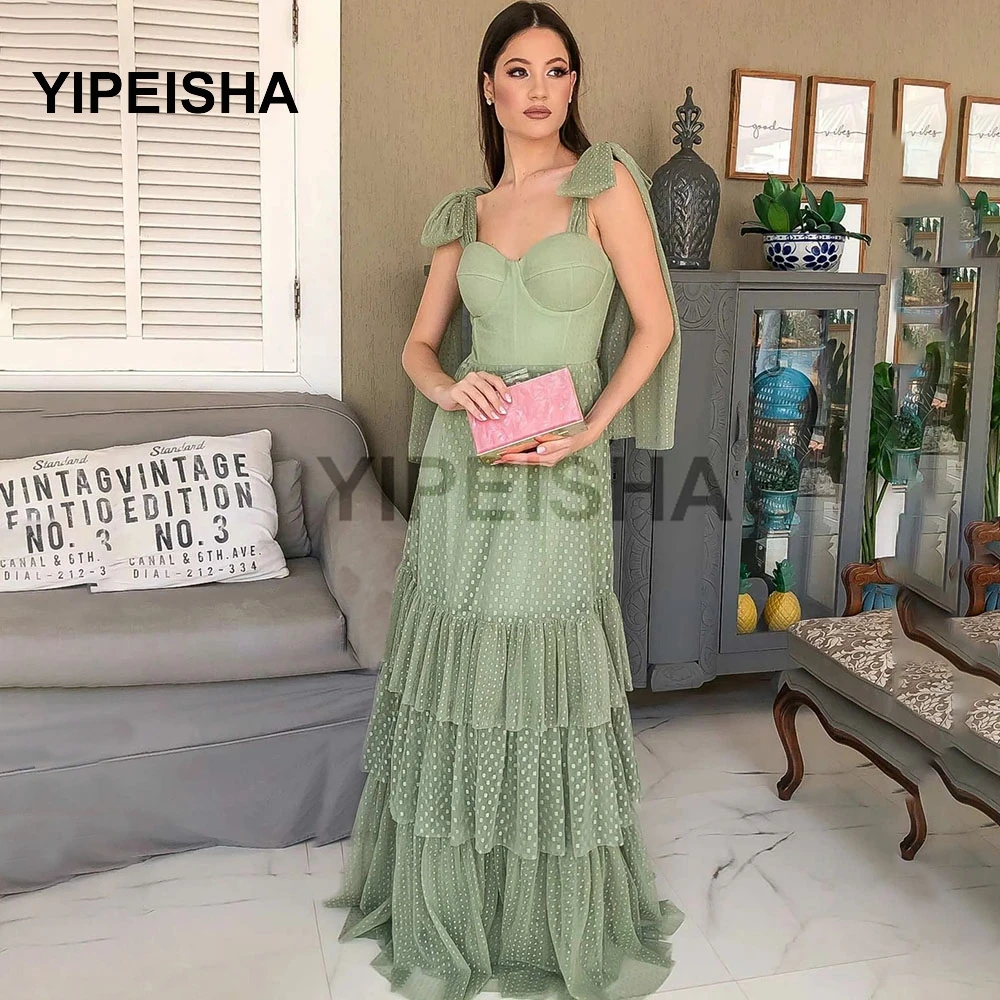 Customized Elegant Sage Green Dotted Tulle Prom Dresses 2021 A Line Bow Ties Shoulder Straps Layers Skirt Long Evening Gowns