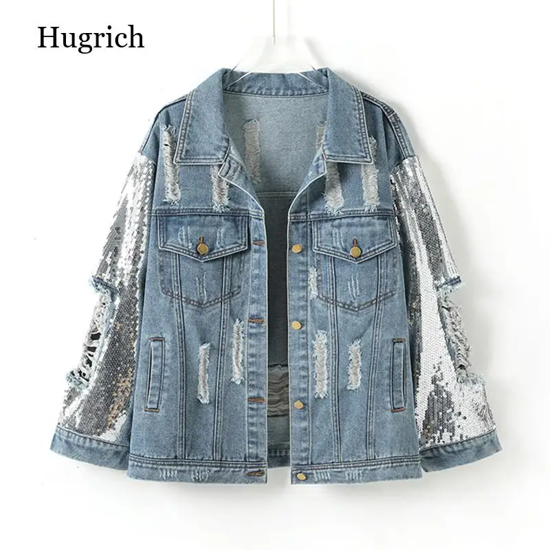 

Spring Sequins Long Sleeve Denim Jacket Oversized Hole Women Basic Coat Fashion Loose Ladies Jeans Jackets Windbreaker Outerwear