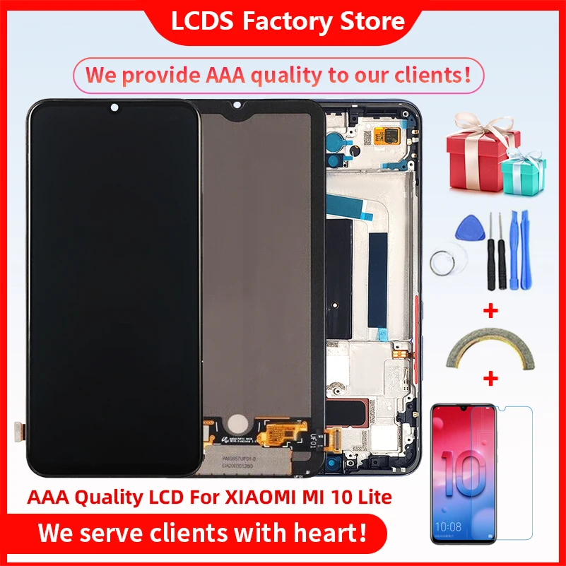 Original Quality AMOLED With Frame For Xiaomi MI 10 Lite LCD Display Screen For Xiaomi Mi 10 Lite AMOLED Screen Display 10-Touch