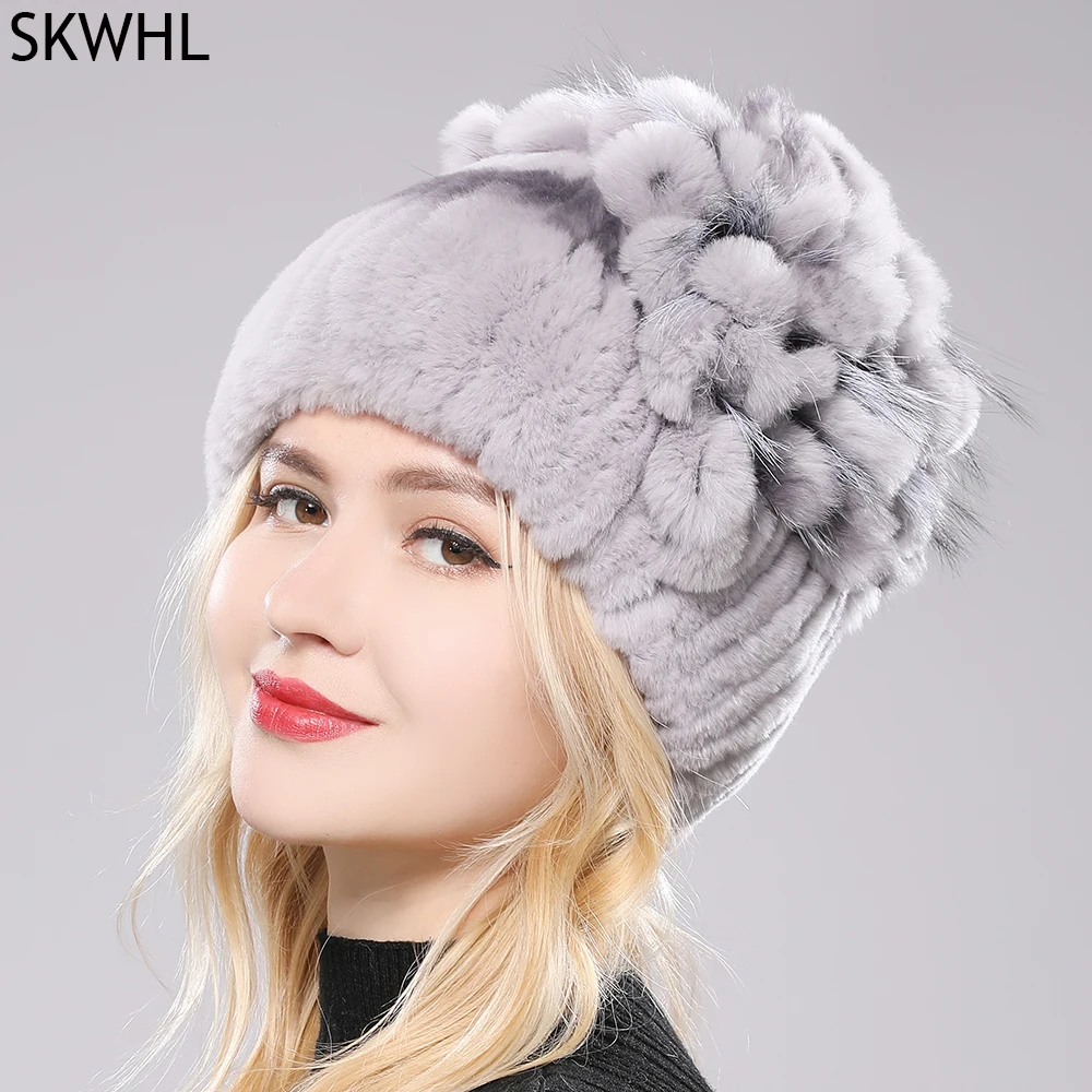 

2024 Brand Women Genuine Rex Rabbit Fur Hats Winter Rex Rabbit Fur Beanies Striped Top Flower Fox Fur Warm Real Fur Knit Caps