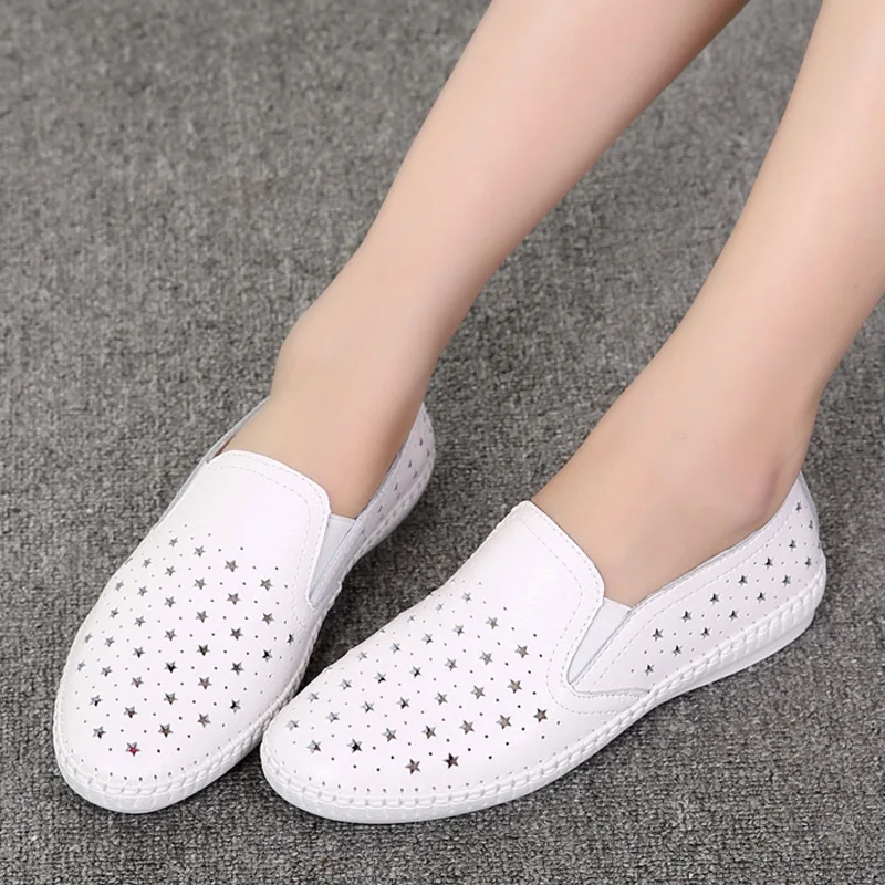 Spring Women Casual Flat Shoes Genuine Leather Ballet Flats Shoes Ladies Cut Out Slip On Brand Loafers Boat Shoes 56ty