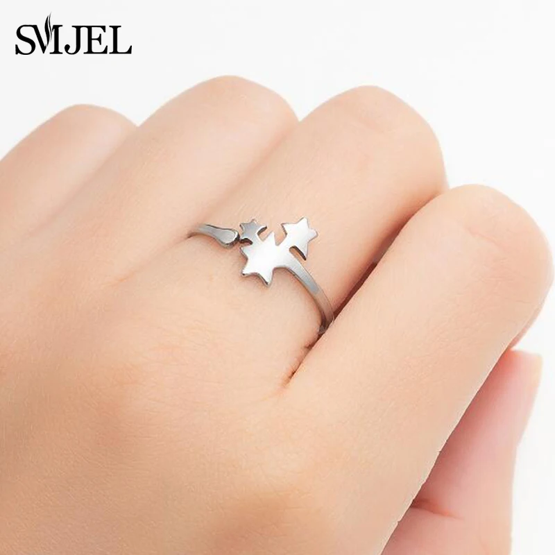 Stainless Steel Open Rings Fashion Three Star Ring for Women Teen Jewelry Everyday Wear 2021 Hollow Star Moon Bague Party Gift