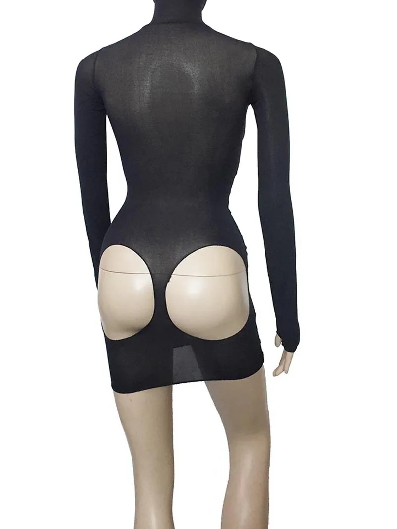 Sexy Women Semi Sheer Cupless Open Butt Micro Mini Dress with Head Enclosure Hood Long Sleeve Bodystockings Bodysuit Lingerie