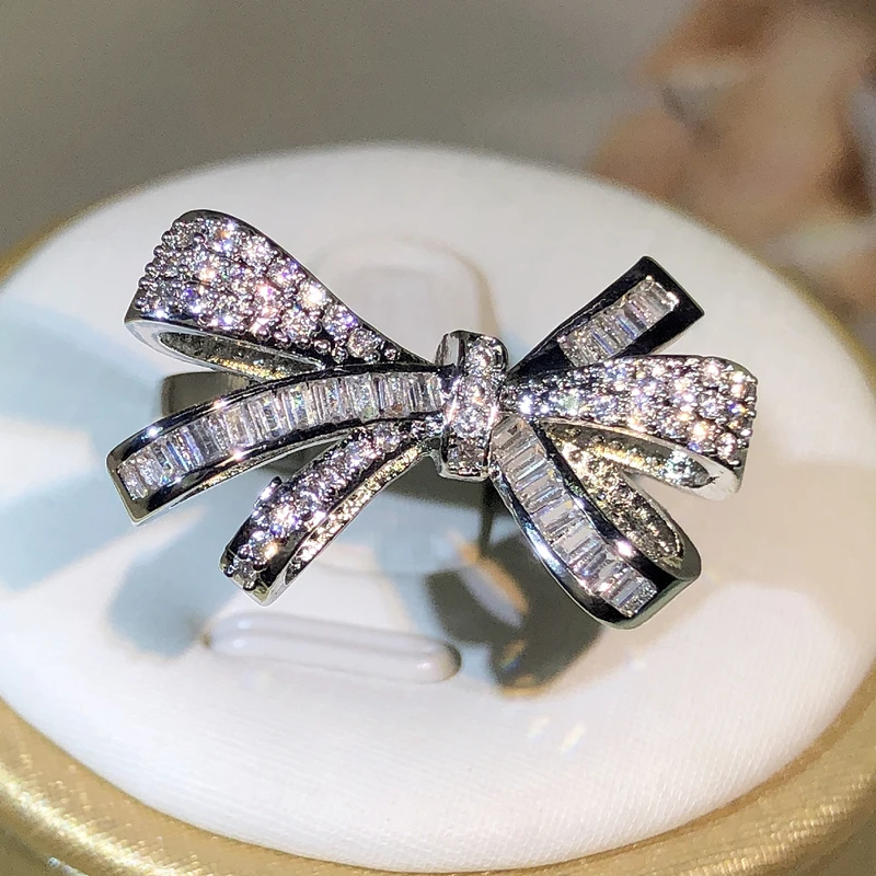 925 Sterling Silver High Quality Bow Bow Bow Bow Zircon Ring Women\'s Fashion Party Birthday Jewelry Rings