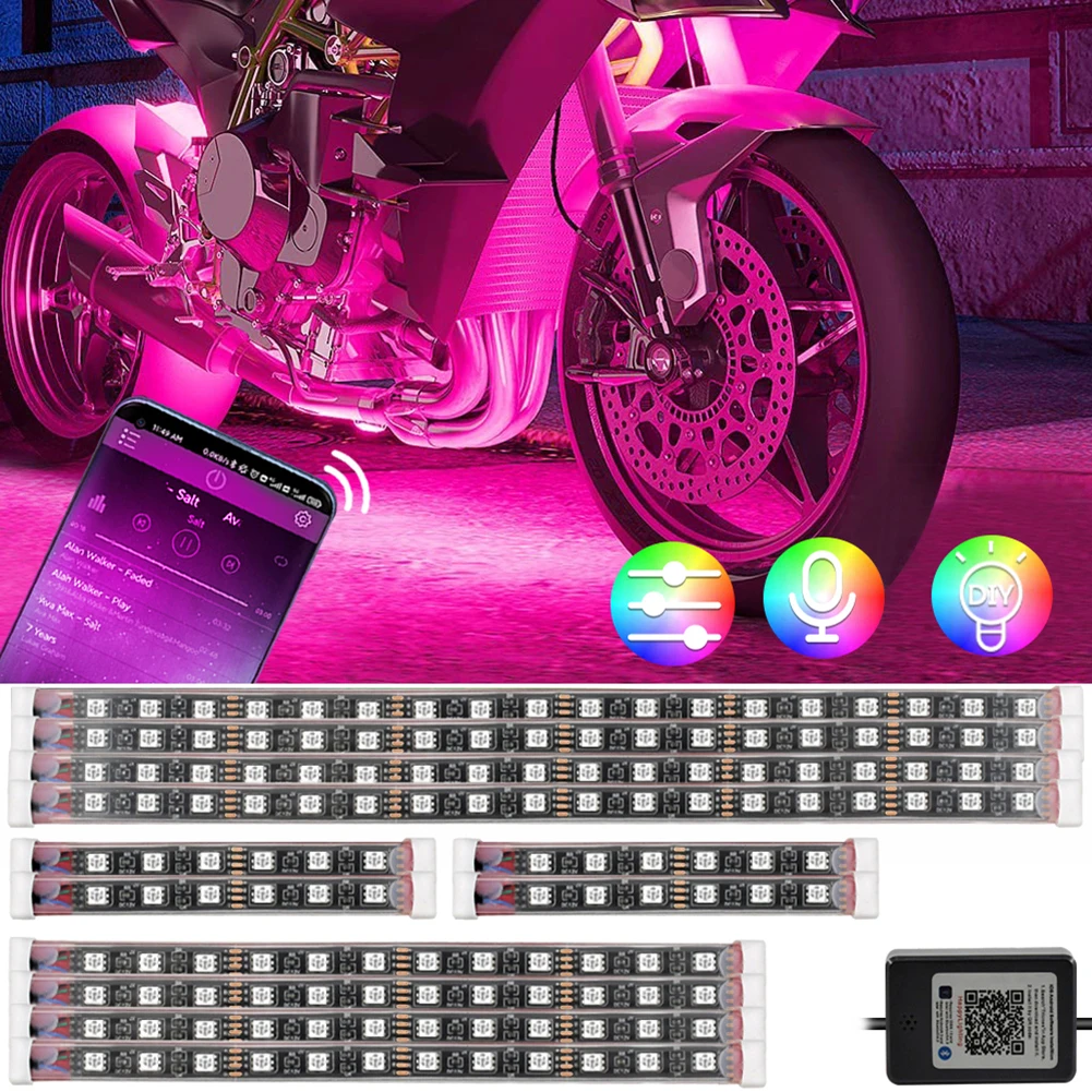 Motorcycle Car Atmosphere Light RGB LED Underglow Strip Light 12V APP Control Decorative Strip Light 12 Mode Music Sync Lamp Kit