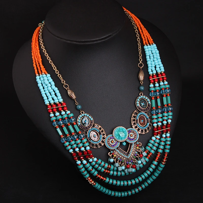 New Vintage Bohemian Statement Necklace Beads Layered Choker Bib Collar Pendant Necklaces Women Ethnic Boho Tribal Gypsy Jewelry