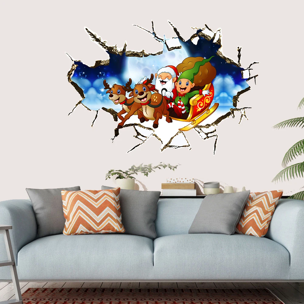 3D Brick Pattern Santa Claus Elk Ceiling Wall Sticker For Kids Baby Rooms Christmas Festival Decoration Peel & Stick Art Mural