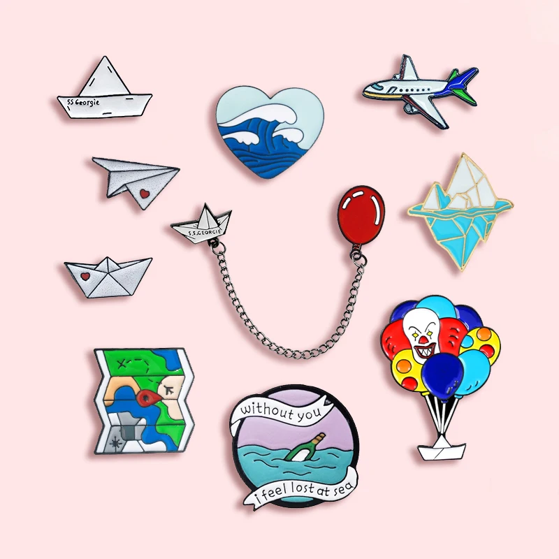 Creative Paper Boat Paper Plane Metal Enamel Brooch Love Wave Iceberg Drift Bottle Badge Pin Cute Trendy Jewelry Accessories