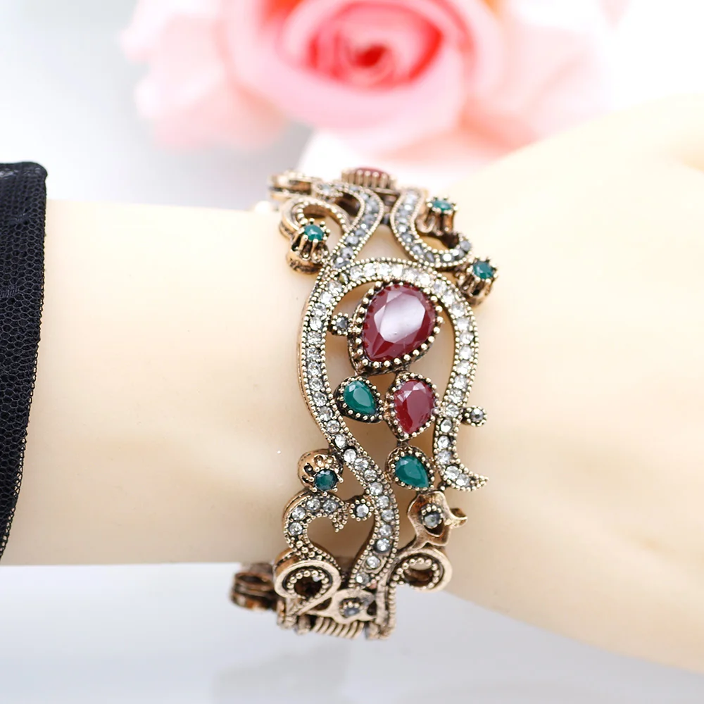 Sunspicems Vintage Turkish Flower Bangle Bohemia Women Bracelet Antique Gold Color Resin Bride Bracelet Wedding Jewelry Gift