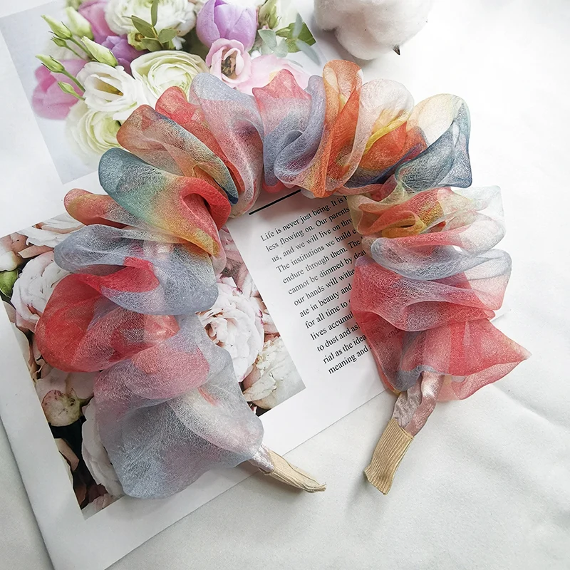 Lystrfac New Korean Mesh Ink Printing Bubble Fold Scrunchy Headband for Women Fashion Hairband Female Hair Accessories