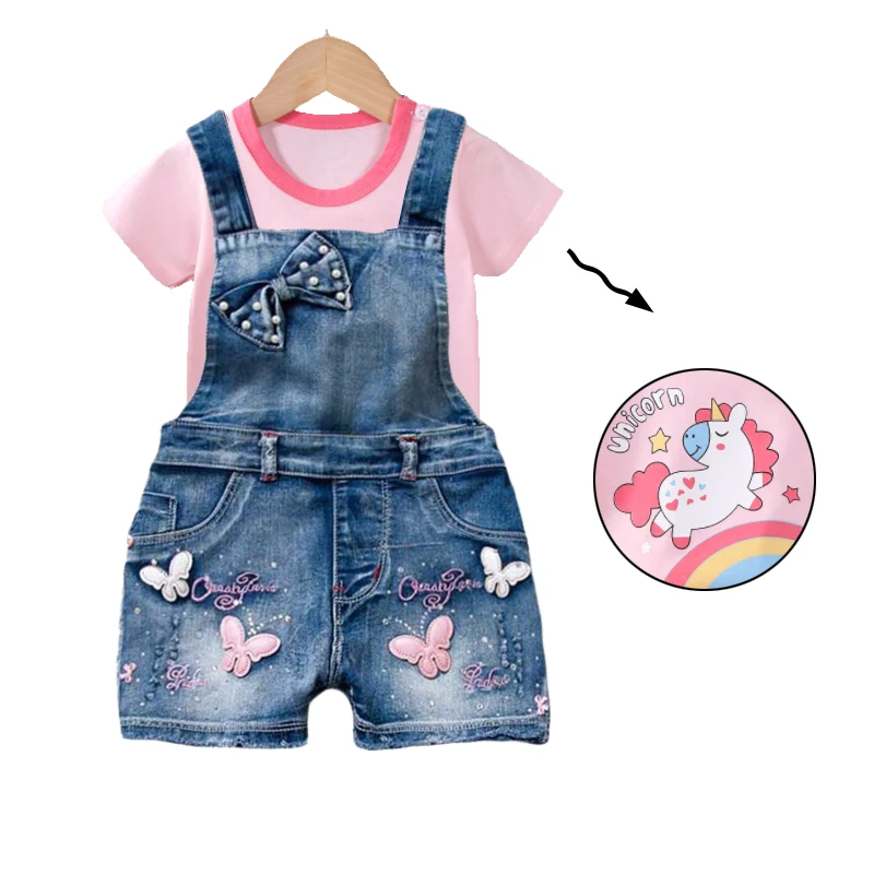 Summer Clothes Suit Children Fashion Girls Cartoon T-Shirt +Cotton Suspenders 2Pcs/set Toddler Casual Clothing Kids Tracksuits