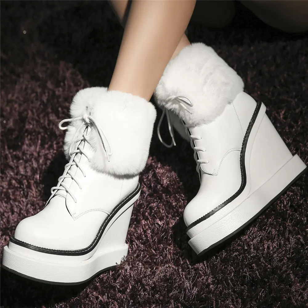 Winter Casual Shoes Women Lace Up Genuine Leather Wedges High Heel Snow Boots Female Round Toe Warm Rabbit Fur Fashion Sneakers