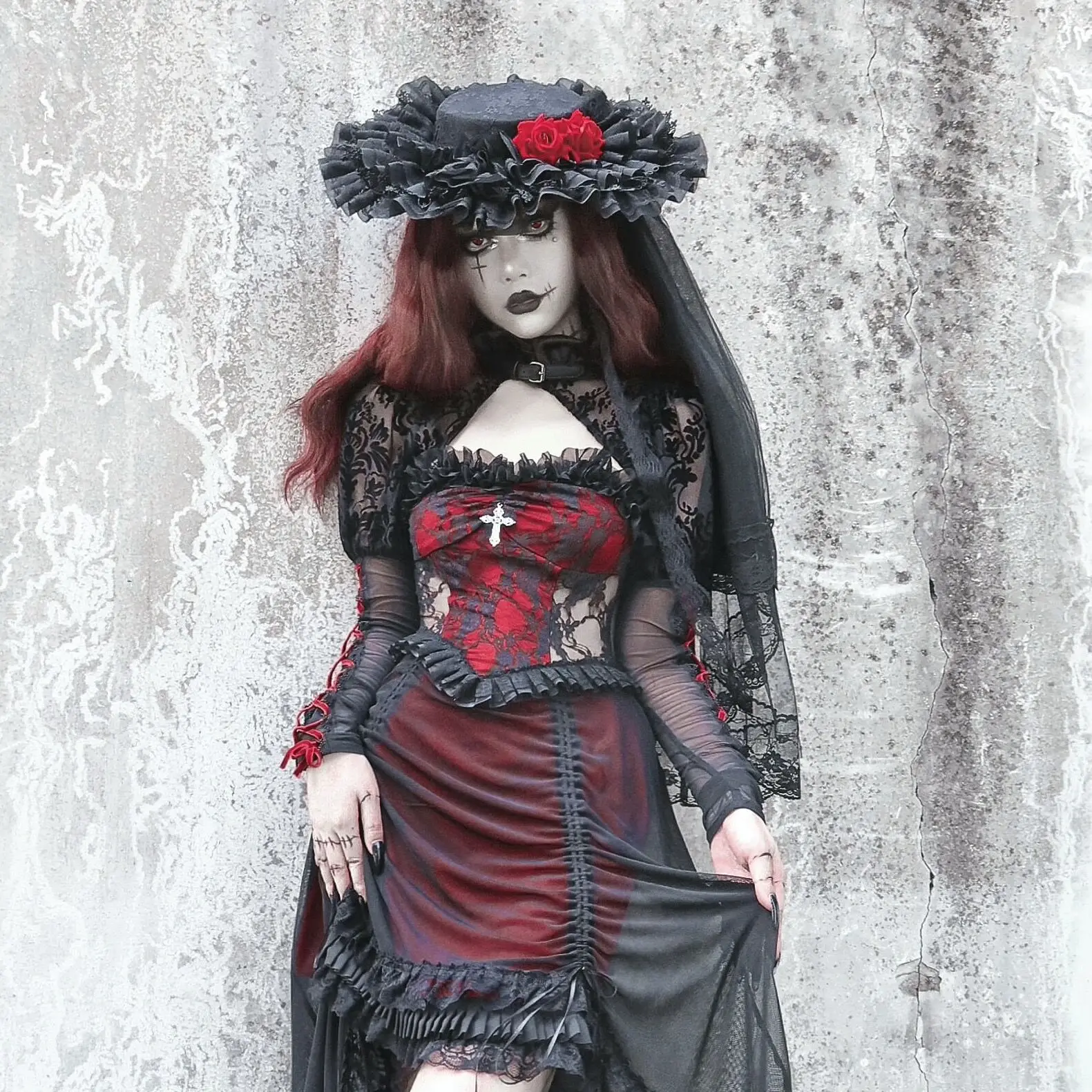 Blood Supply Original Vampire Black Red Lace Fedoras Holloween Lolita Heavy Gothic Rose Hat