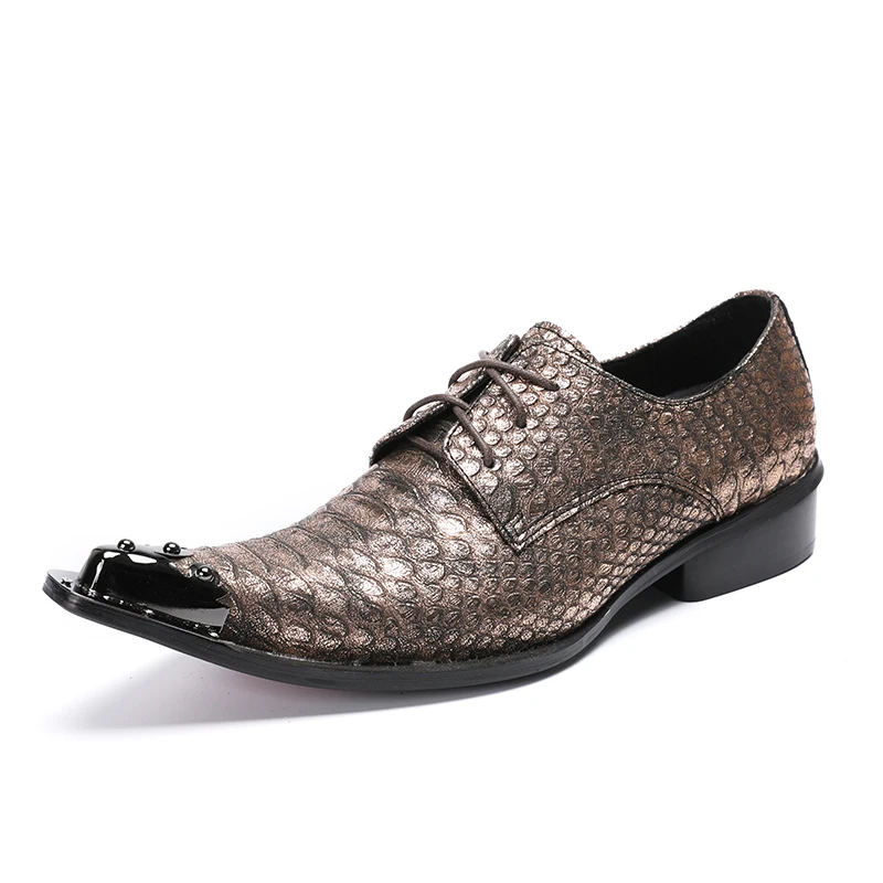 Fashion Men Dress Shoes Genuine Leather Gold Python Skin Iron Pointed Toe Shoes Lace Up Nightclub Oxford Shoes Zapato Hombre