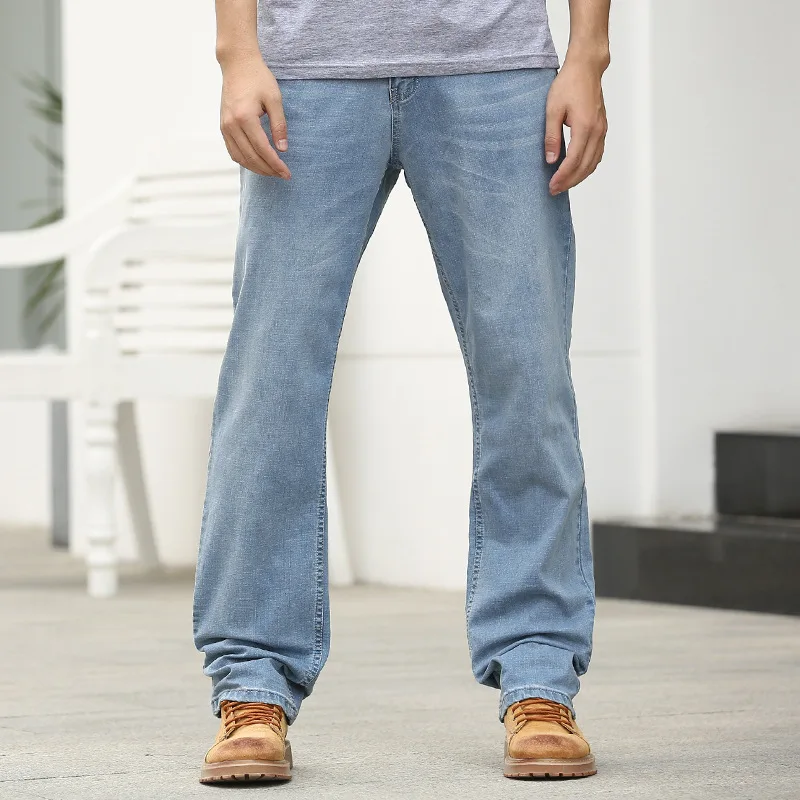 Summer Thin section Baggy Men Jeans Straight Large Size  Loose Elastic Denim Pants  Light Blue Leisure Hip Hop Skateboard Jeans