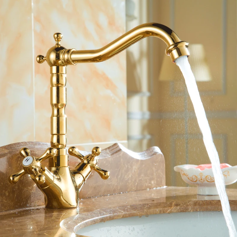 

Luxury Gold Color Brass Deck Mount Swivel Bathroom Faucet Vanity Vessel Sinks Mixer Tap Dual Handle Cold And Hot Water Tap