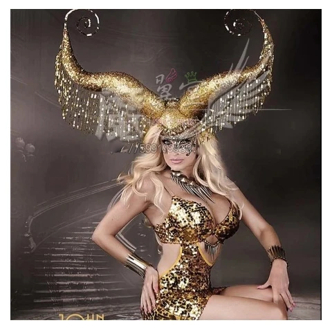 Golden horn creative headdress headwear Bar nightclub stage show gogo Lead dancer prop