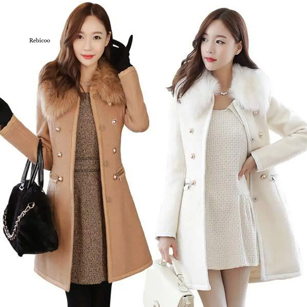 

Women Autumn Winter Woolen Jacket New Style Fashion Fur Collar Mid-Long Blends Coat Thicken Double-Faced Plush Coat