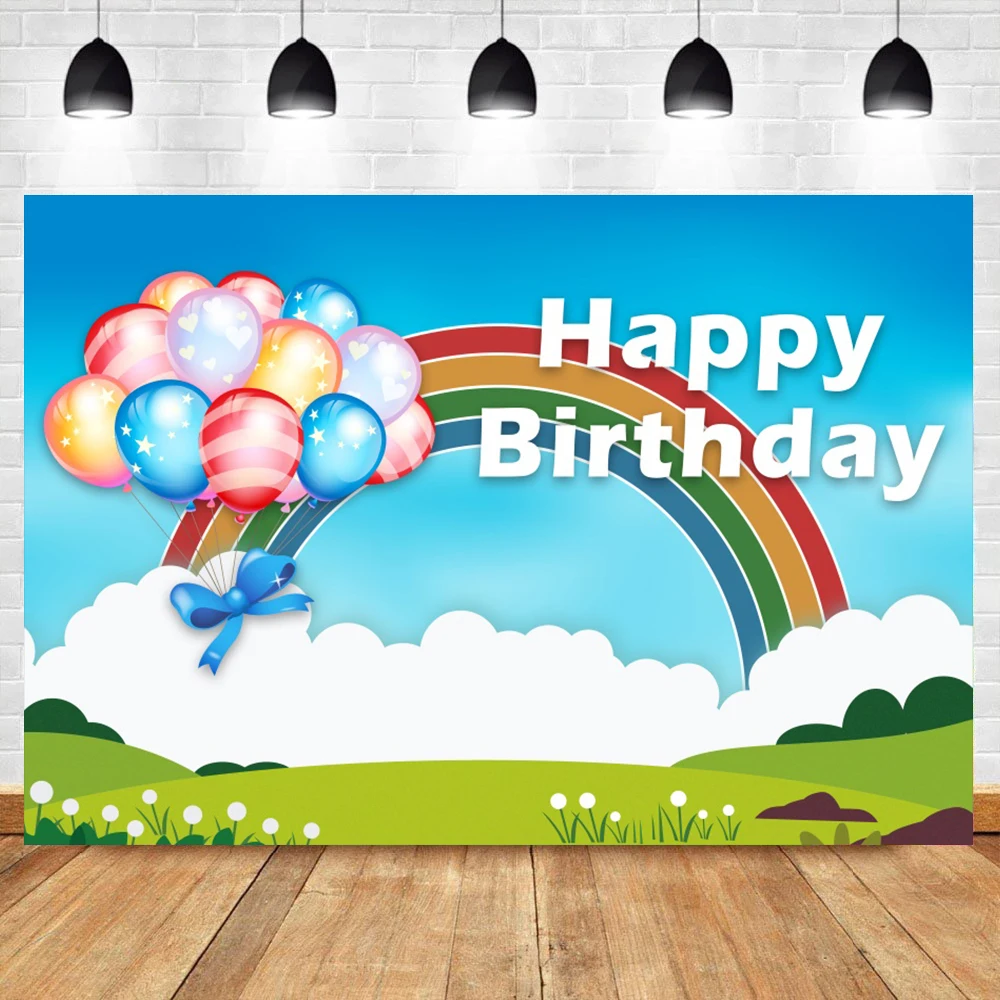 Laeacco Baby Cartoon Green Grass Rainbow Balloon Birthday Party Blue Sky Customized Banner Photography Background Photo Backdrop