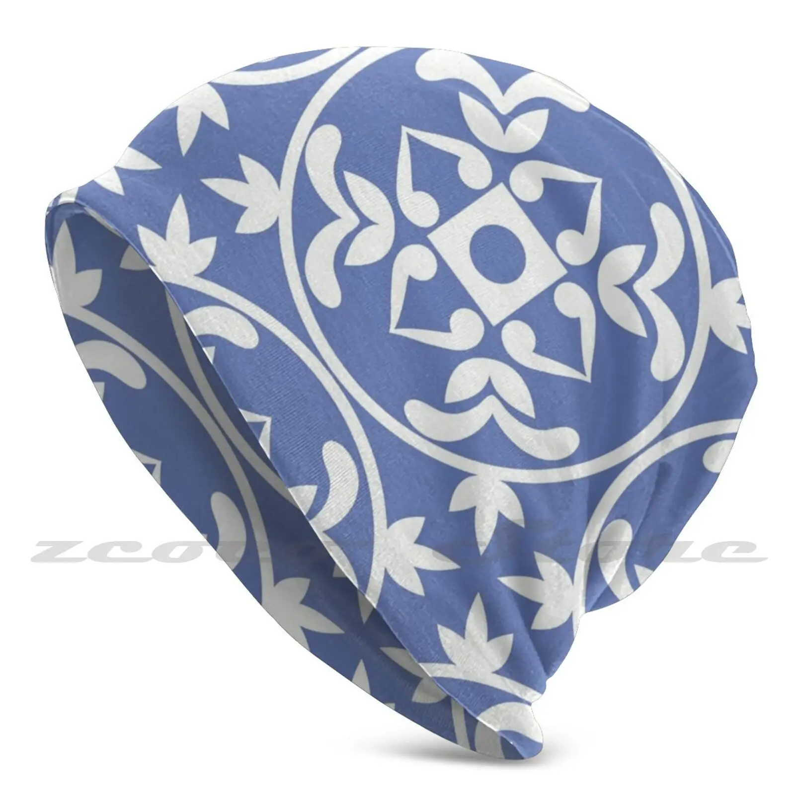 Blue And White Tiles Seamless Pattern Adult Kids Knit Hat Hedging Cap Outdoor Sports Breathable Seamless Azulejo Panel Tiles