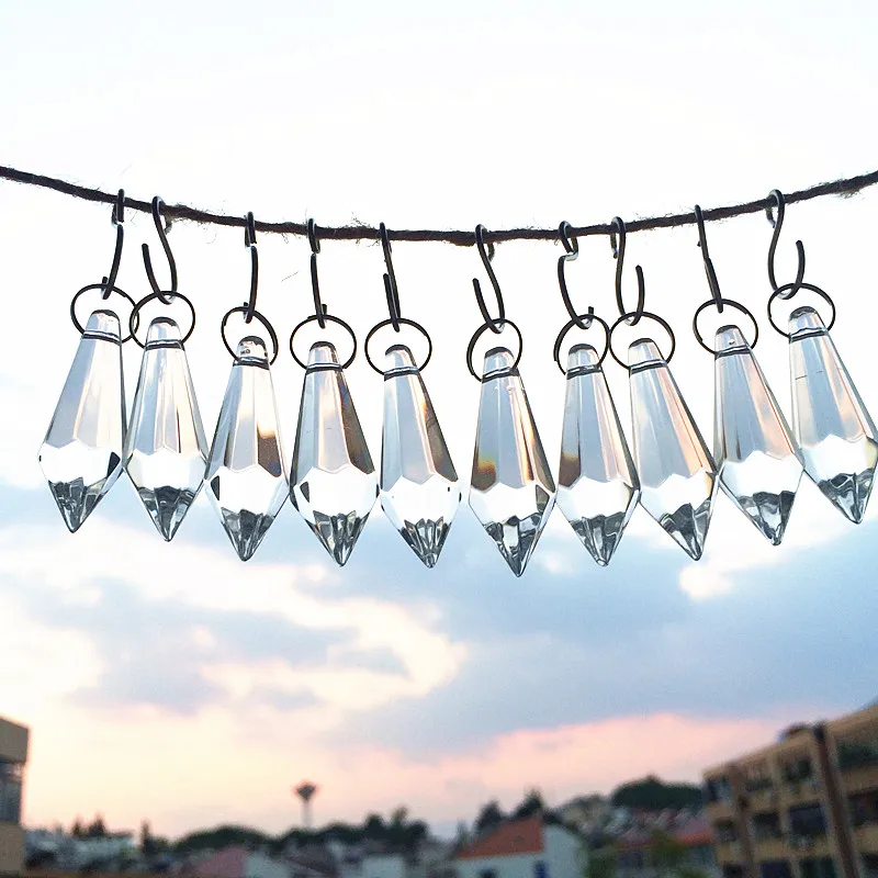 10pcs/lot 37mm Clear Chandelier Accessories Glass Crystals Glass Lamp Prisms Parts U-Icicle Drops Hanging Pendants+Free Rings