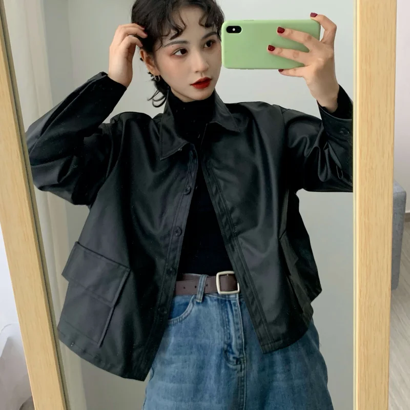 Streetwear giacca in pelle nera donna Casual High Street Loose Women Biker Jacket 2021 sottile Designer Punk Style Moto Coat coreano