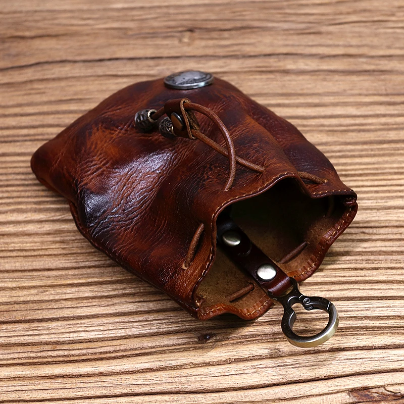 Genuine Leather Coin Purse For Women Men Vintage Handmade Small Drawstring Pocket Storage Bag With Keyring Card Holder Case Male